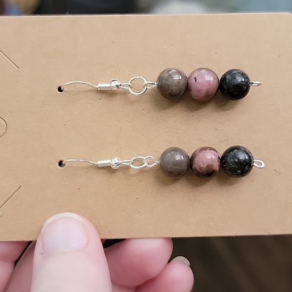 🍀Handmade Rhodonite Natural Stone Earrings 925 Solid Sterling Silver - Picture 1 of 2
